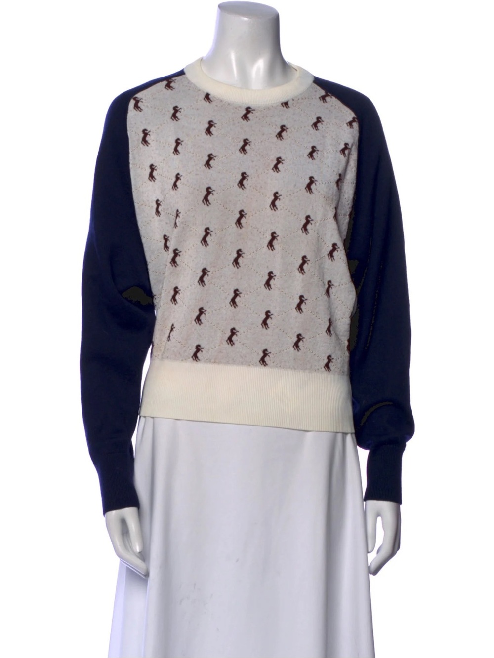 Chloe Cream Front Panel Navy Sleeve Knit Crew Sweater